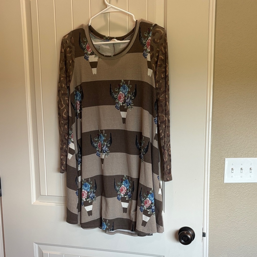 Floral Patterned Western Brown Dress